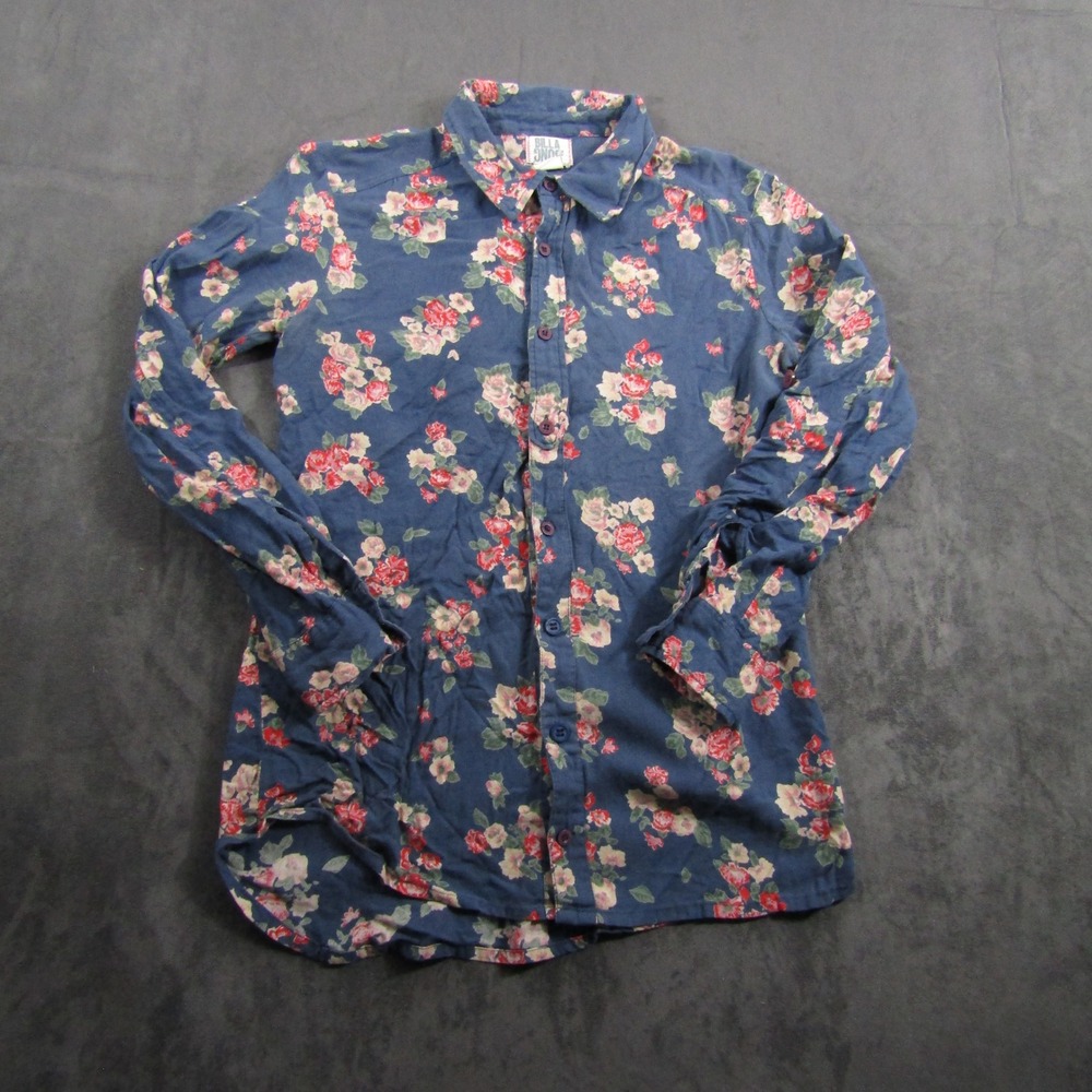 Billabong Button Front Shirt Womens Medium Blue Floral Smocked Back Long Sleeve